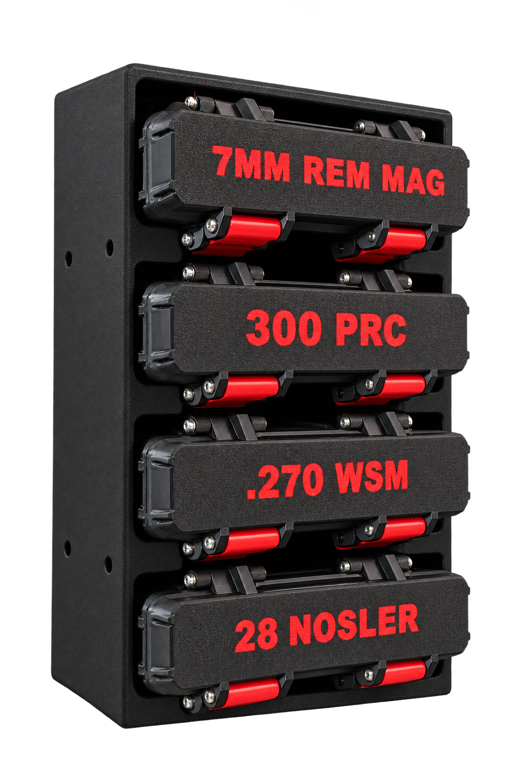 Magnum rifle case rack with four caliber-labeled Ammocases