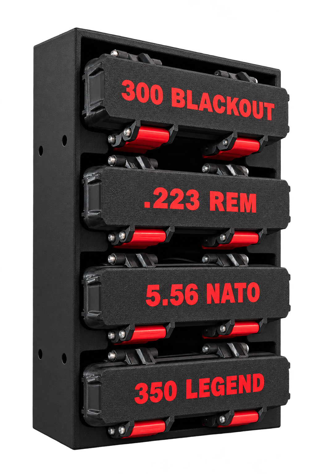 Single case rack holding four caliber-labeled Ammocases
